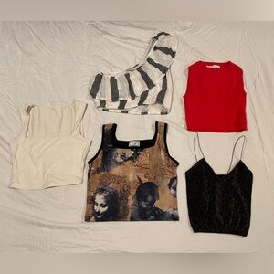 Set of 5 Crop Tops - Red, Black, Cream, Striped, Graphic